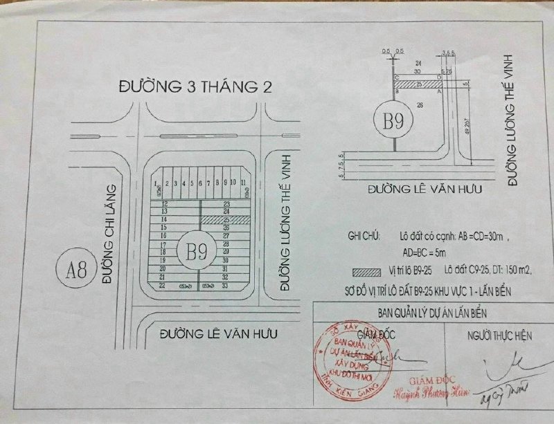 Bán Lô Đất Thổ cư 100% MT Lương Thế Vinh P.Vĩnh Bảo 5x30m hướng Đông Nam Gía 2.4 tỷ co TL